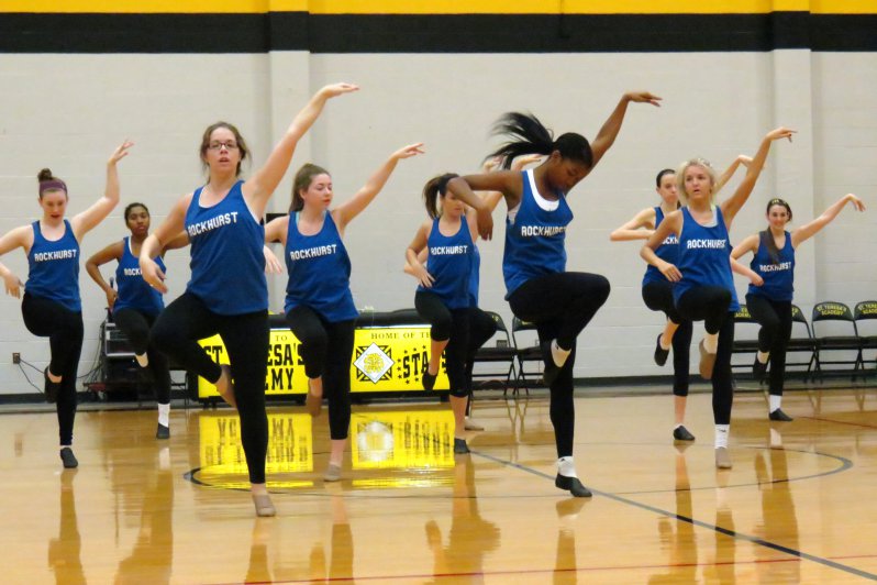 The varsity dance team practices Jan. 17 in the Goppert Center. The team practices three or four times during the week and has competitions most Saturdays. Photo by Katie Hornbeck