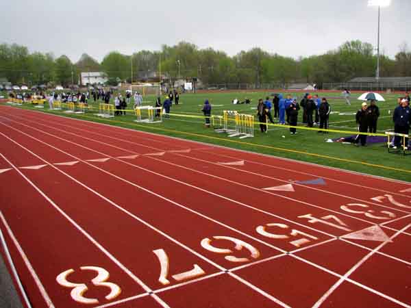 The Blue Springs High School track field where the Gary Parker Invitational was hosted April 15. The STA varsity track team attended this meet. (Isabella Nair)
