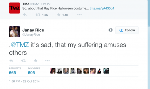 Janay Rice responds to TMZ's tweet about Ray Rice Halloween costumes.