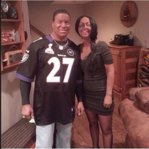 Couple poses as Ray and Janay Rice. The man wears a Rice jersey, and the woman wears a dress with bruises drawn across her face and right eye. The couple's son originally posted the photo with many obscene hashtags, but removed it after receiving excessive hate.